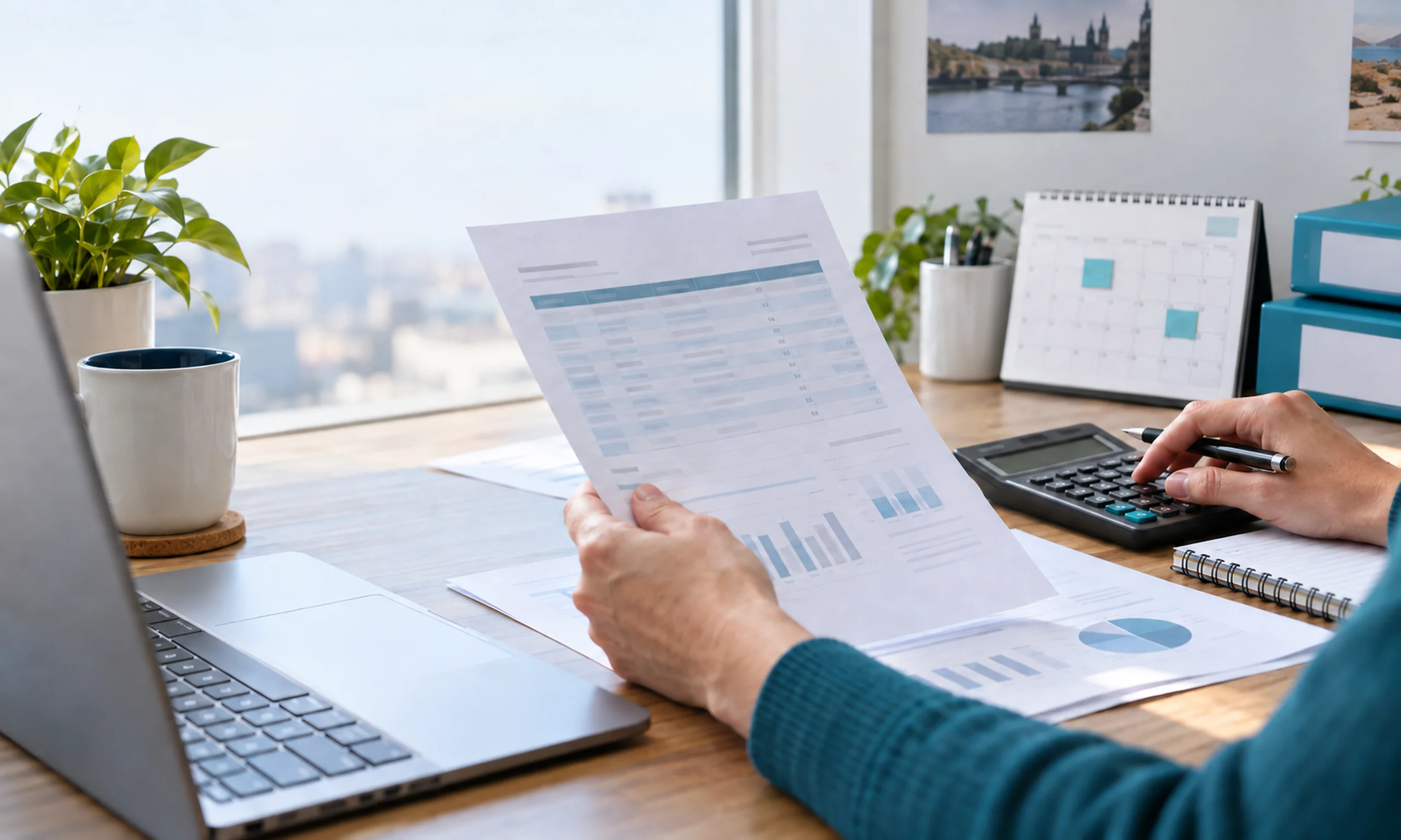 Person reviewing a company finance report beside a calendar and calculator.