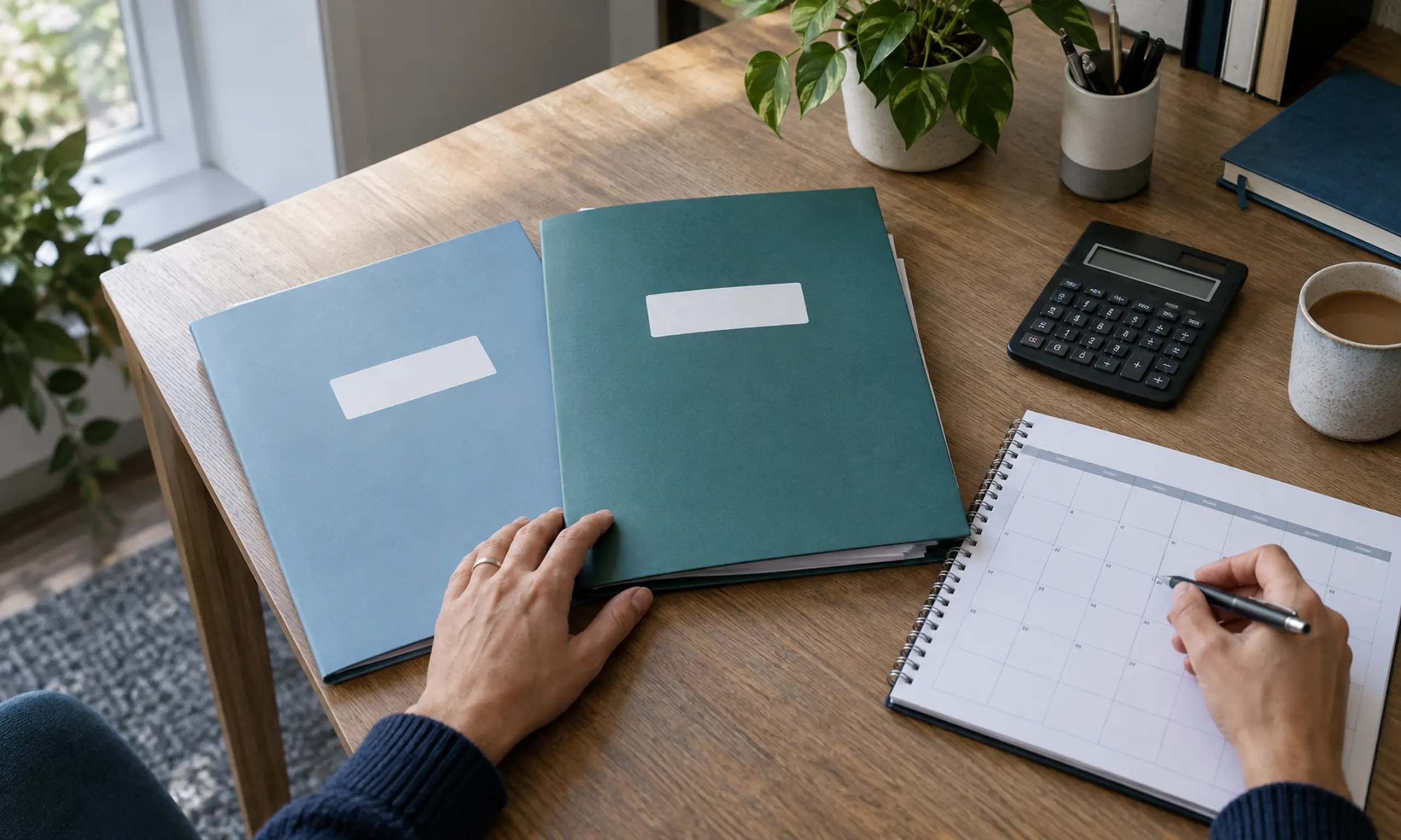 Person reviewing folders and a payment calendar at a desk.