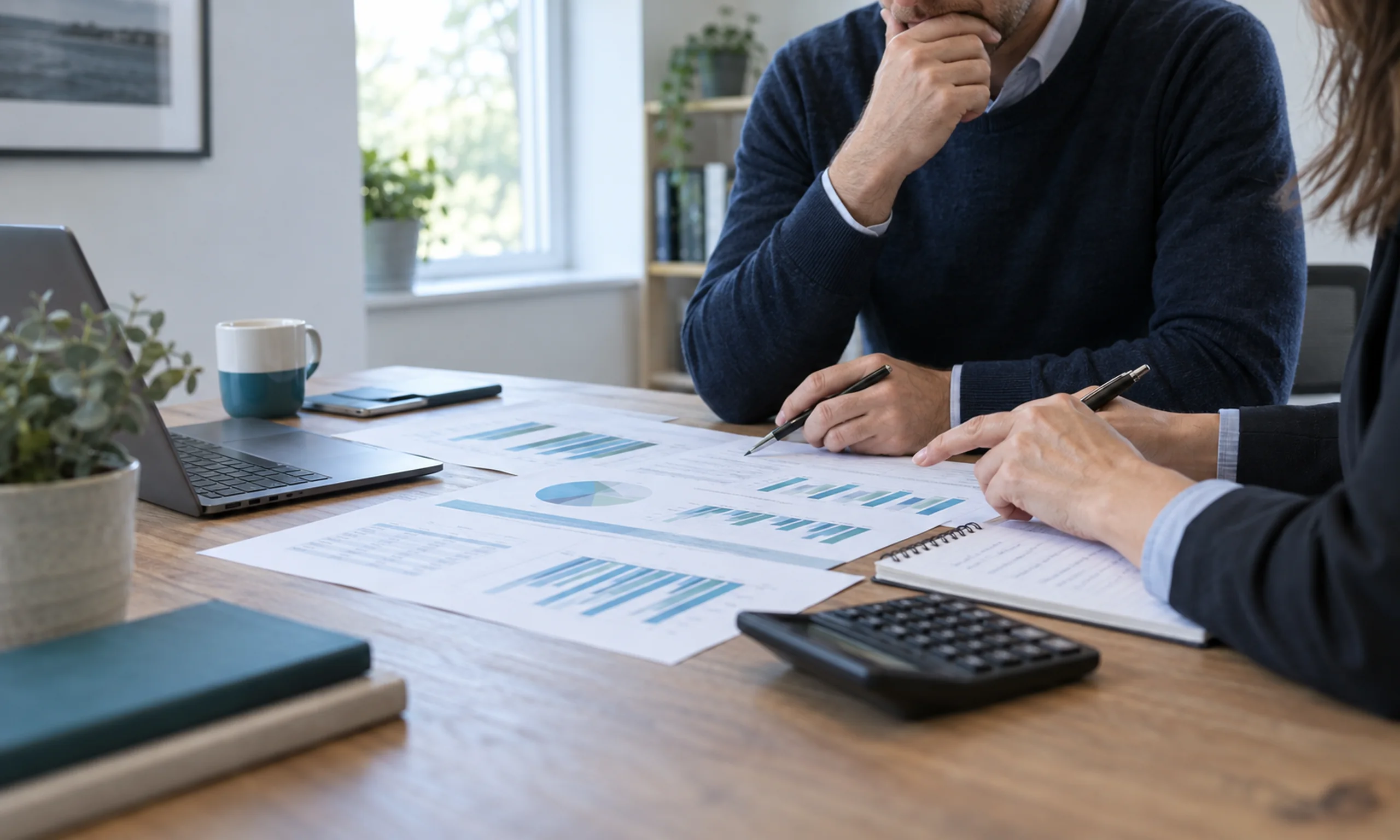 Two people reviewing a cash-flow forecast at an office desk.
