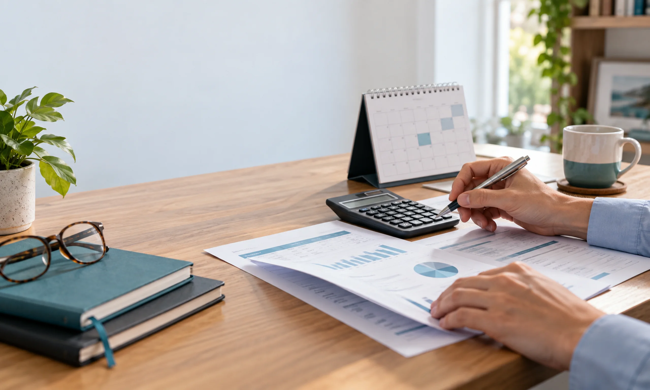 Person checking a company finance report and desk calendar.